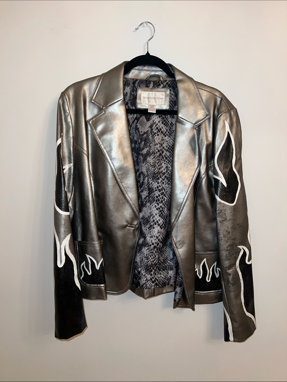 Metallic Silver Flame Leather Blazer Jacket - Custom Painted